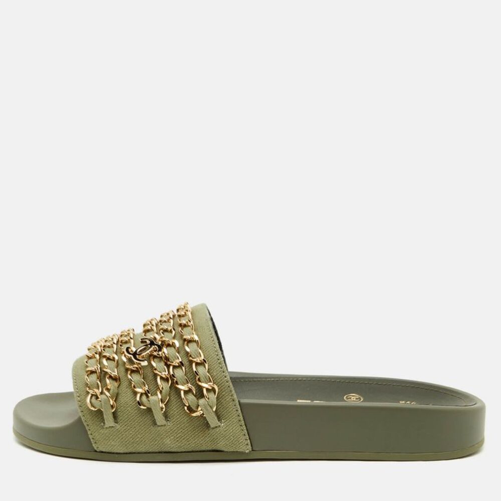 Chanel Size 37 Khaki Green Canvas Cc Chain Link Flat Slide Sandals